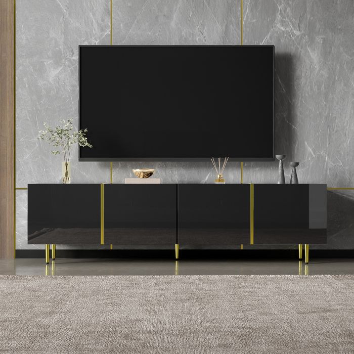 Meuble TV Haut Brillant Noir et Or avec 4 Portes – Merax TV Banc Design Moderne Élégant avec Charnières Soft-Close 170x35x46 cm