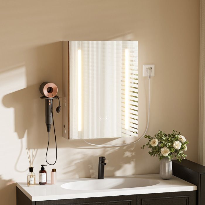 Armoire Miroir salle de bain LED-Meuble Salle de Bain murale antibuée-Étagère réglable-Station de recharge-support de sèche-60cm