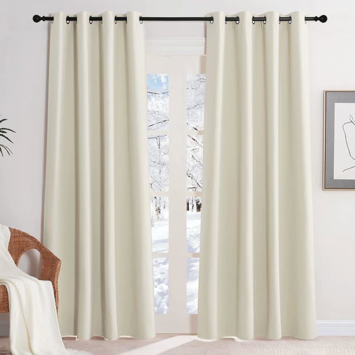 Rideaux thermiques occultants - DOK - Lot de 2 - 140x220 cm - Isolation froid/chaleur - Beige clair - Œillets métal