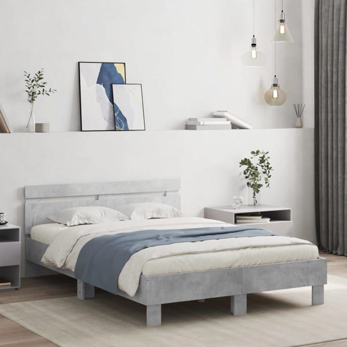 Structure de lit avec LED - UU - Gris béton - 135x190 cm - 193x140x70 cm - Bois dingénierie - Lattes en contreplaqué