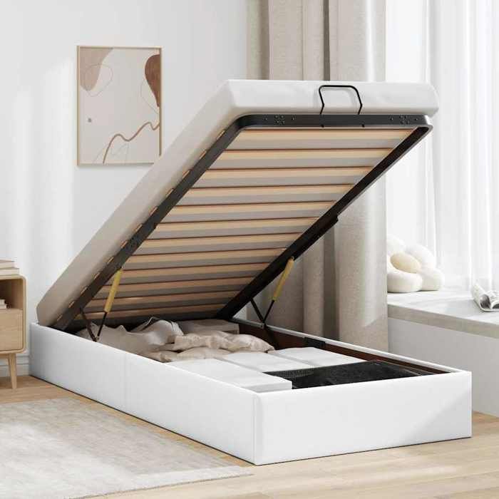 Structure de lit ottoman - UU - Similicuir - Blanc - 90x190 cm - Rangement sous le lit - Mécanisme de levage hydraulique