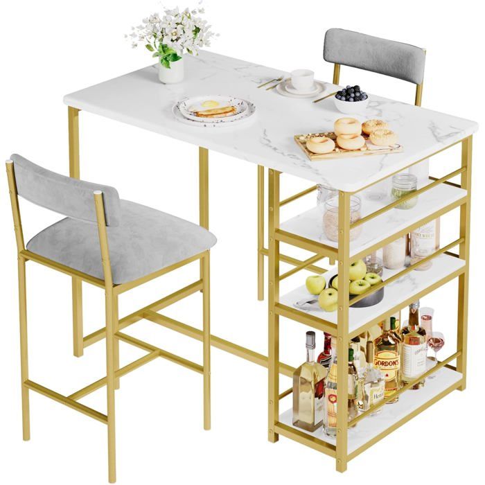 Ensemble table et chaises de cuisine 91 cm - LUNSY - 1 table et 2 tabourets de bar - 3 étagères de rangement - Gris et Or
