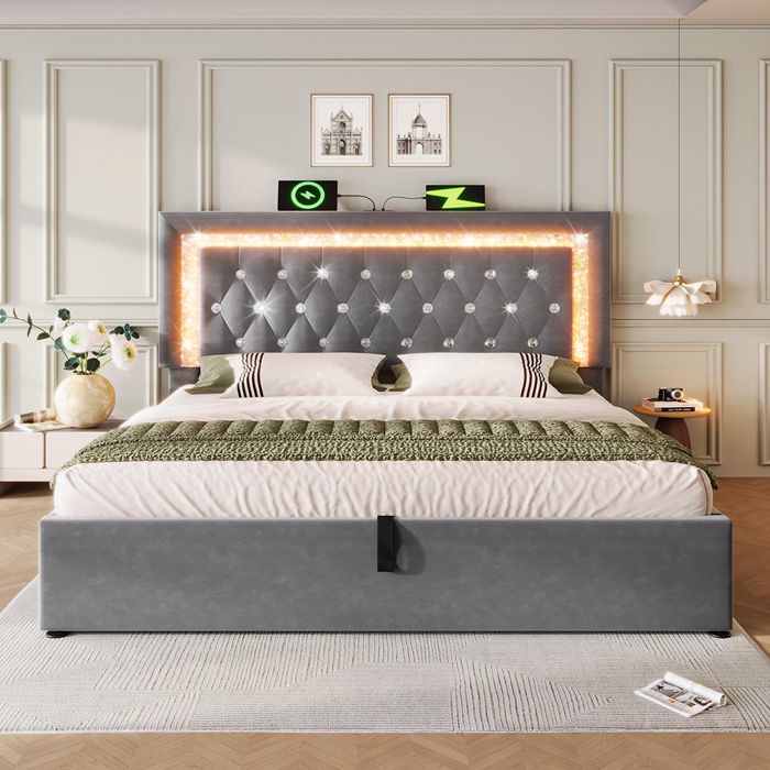 Lit coffre 160x200 cm lit adulte en velours - LED diamantée - ports USB et Type-C - lit hydraulique avec rangement - Gris