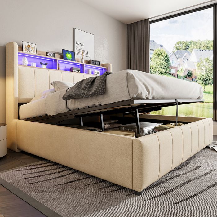 Lit coffre 160x200 avec LED et USB Lit adulte rembourré avec rangement sommier à Lattes 1 étagère 3 compartiments Lin beige