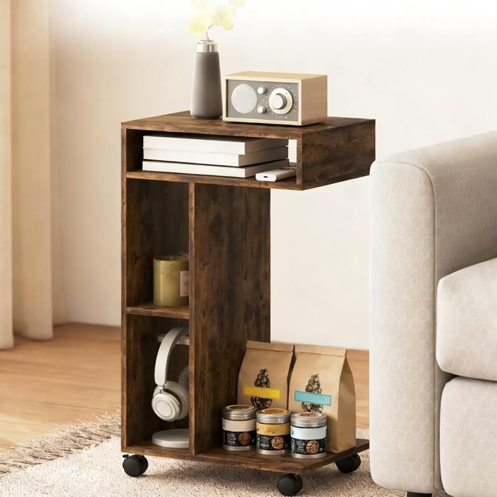 Table d’appoint - BELLEMAVE - desserte en forme de C 4 roulettes 3 compartiments 40 x 30 x 69 cm brun rustique