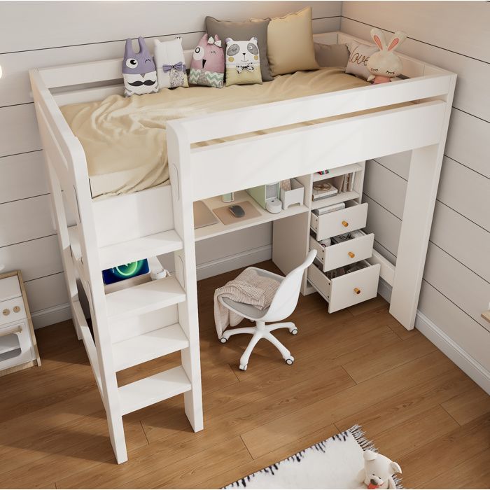 HOMVRA Lit mezzanine 90x200 cm avec bureau en L ports USB Type C 3 tiroirs bois blanc (sans matelas)