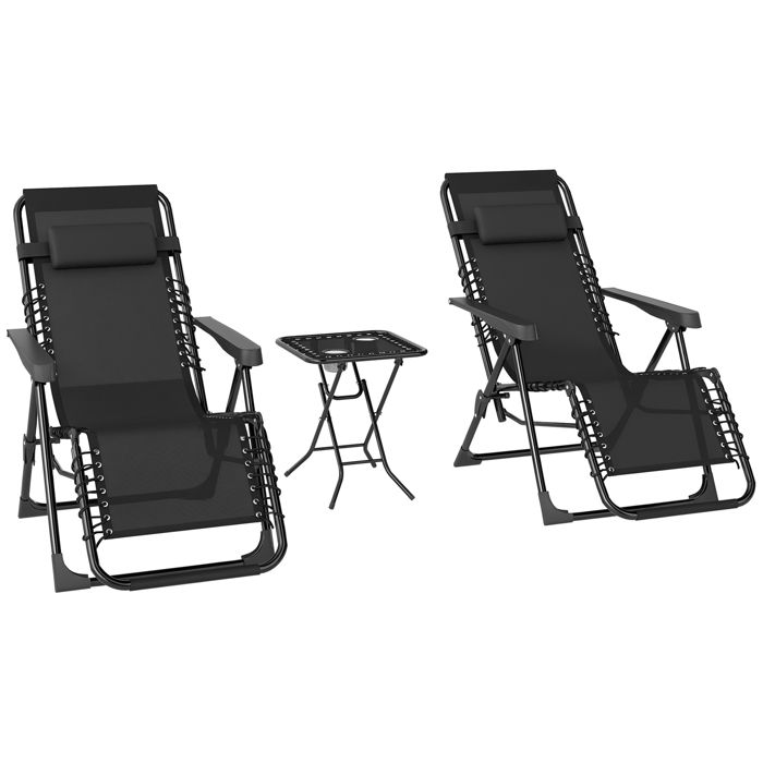 Lot de 2 chaise longue pliable et inclinable avec table dappoint - Outsunny - porte-gobelets et appuie-têtes - charge 120 kg - noir