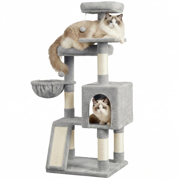 Meilleurs prix pour Arbre à chat avec 3 Plateformes Maison et Panier Griffoir pour Salon Hauteur 136 cm Gris