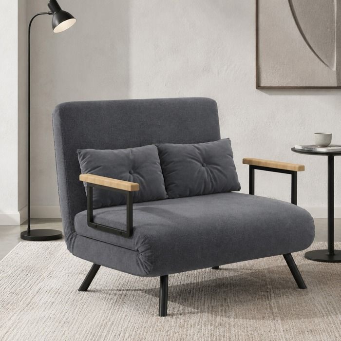 Maisentiel Fauteuil-lit convertible 1 place gris foncé dossier 5 positions 180° acier et bois dhévéa
