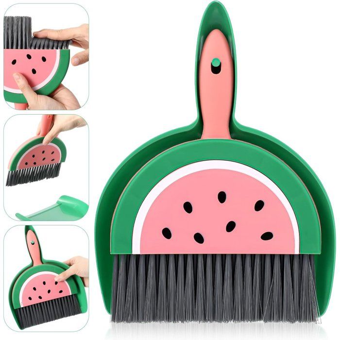 Balai et pelle portable mini - Brosse résistante inclus - Compact et léger - Design pastèque - Pour bureaux et petits espaces