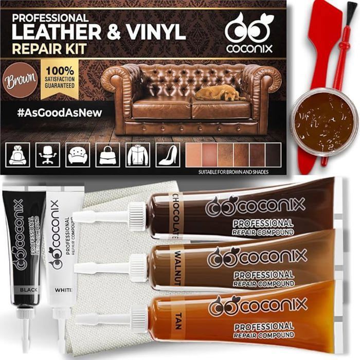 Kit de Réparation Cuir et Vinyle Marron Nuances  Répare déchirures Trous Rayures et écaillages sur Meuble PRODUIT ENTRETIEN CUIR
