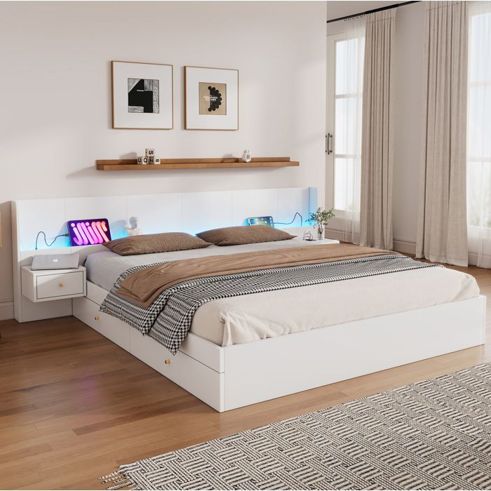 Lit Double avec LED USB Prise et 2 Tables de Chevet - ELVMI - 2 Tiroirs Sommier à Lattes MDF Blanc 180 × 200 cm