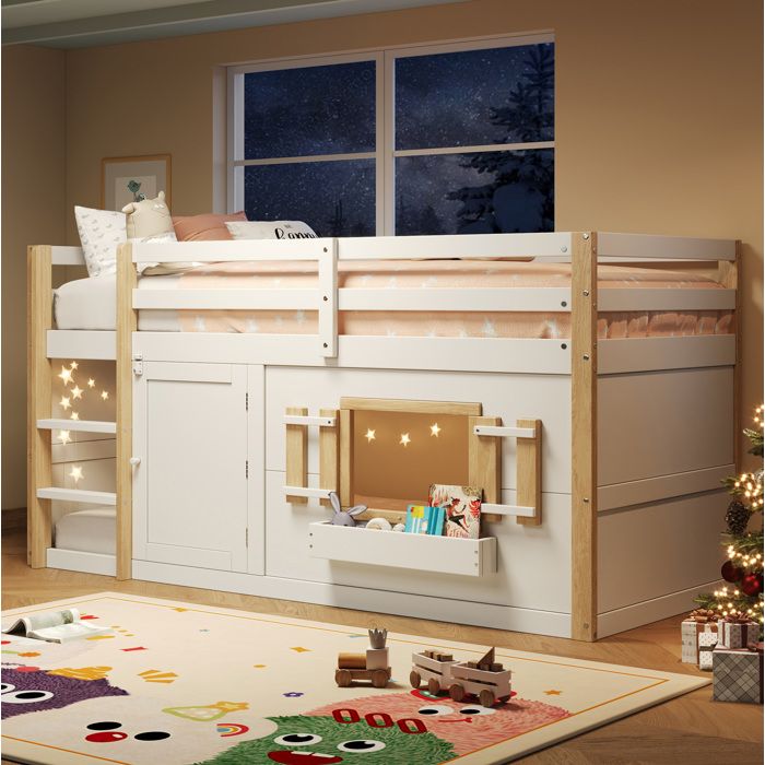 Lit mezzanine enfant 1 place 90 × 200 cm avec échelle et espace de jeu sans matelas blanc - UVRION