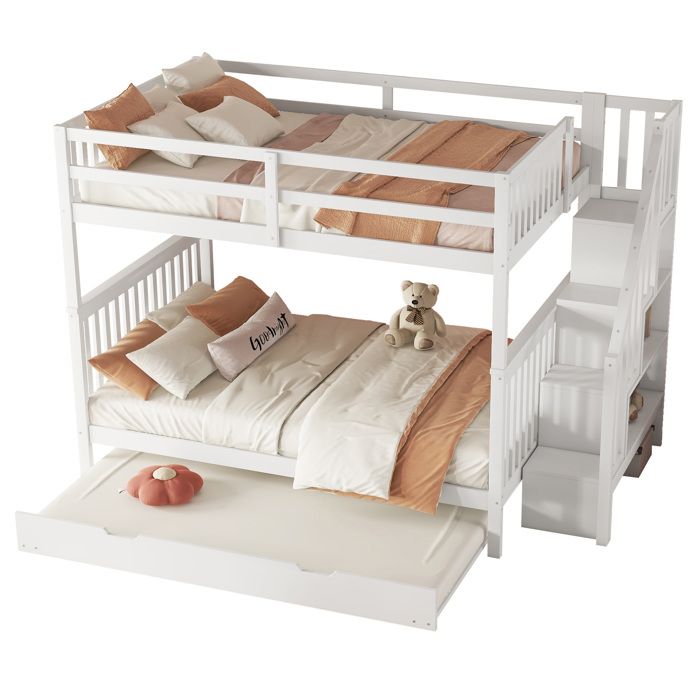 Lit superposé pour enfant 140x200cm avec marche rangements et lit dépliable barrières de protection hautes blanc