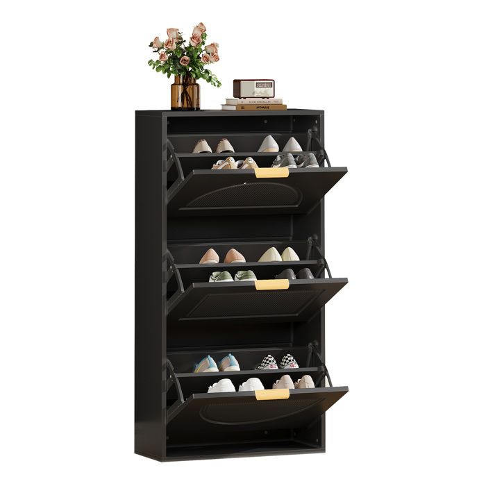 Armoire à chaussures fine 3 portes battantes meuble de rangement noir 60 x 24 x 114 cm pour entrée et séjour