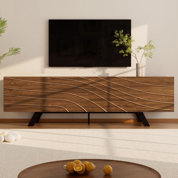 Meuble TV élégant avec casier 160cmdesign moderne style noyer avec façade ondulée pieds en fer noir grand espace de rangement