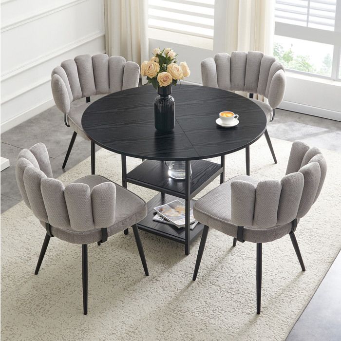 Table à manger avec chaises 4 personnes 1 table ronde 107 cm + 4 chaises noir et gris