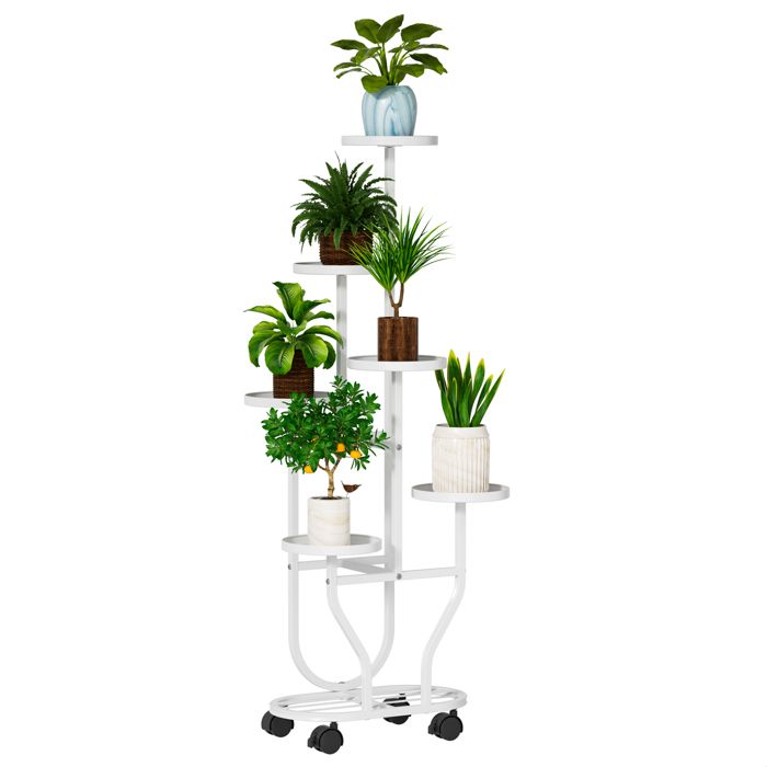 FLASIDU Porte-plante sur roulettes 6 niveaux étagère à plantes mobile pour intérieur et extérieur Blanc 42*23*119cm