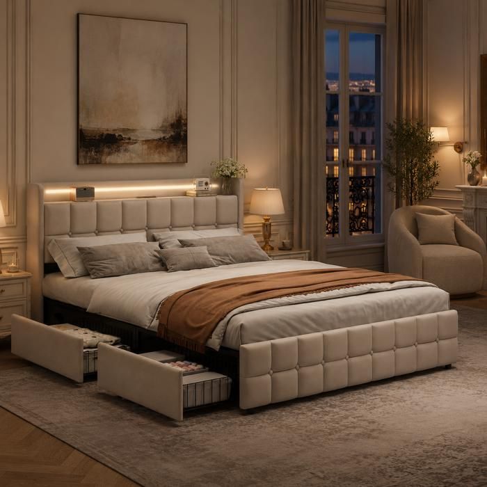 Lit Double Capitonné 160x200 avec 4 Tiroirs Lit Adulte avec LED et USB Sommier à Lattes en Bois Lit Rembourré en Lin Beige