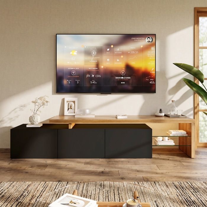 Meuble TV avec LED buffet avec 3 portes et 2 plateaux en verre meuble brillant multifonctionnel pour salon Couleur Noir/bois naturel