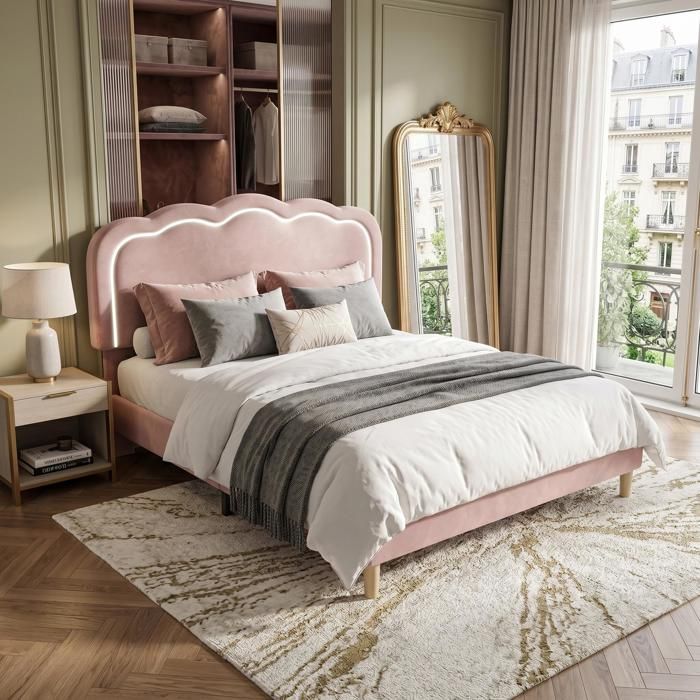 Lit simple rembourré avec LED - FURNITURER - 140x200 cm - velours rose - tête de lit réglable - sommier à lattes Lit simple rembourré avec LED - FURNITURER - 140x200 cm - velours rose - tête de lit réglable - sommier à lattes
