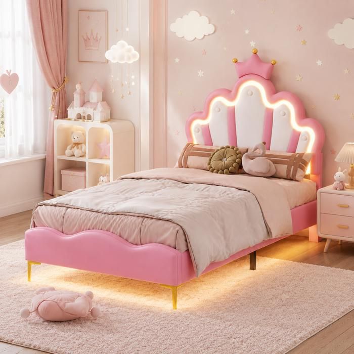 Lit Enfant 90x200 cm avec LED Lit Princesse Moulures de Couronne Tête de lit Réglable Lit Fille Simple avec Sommier PU Rose
