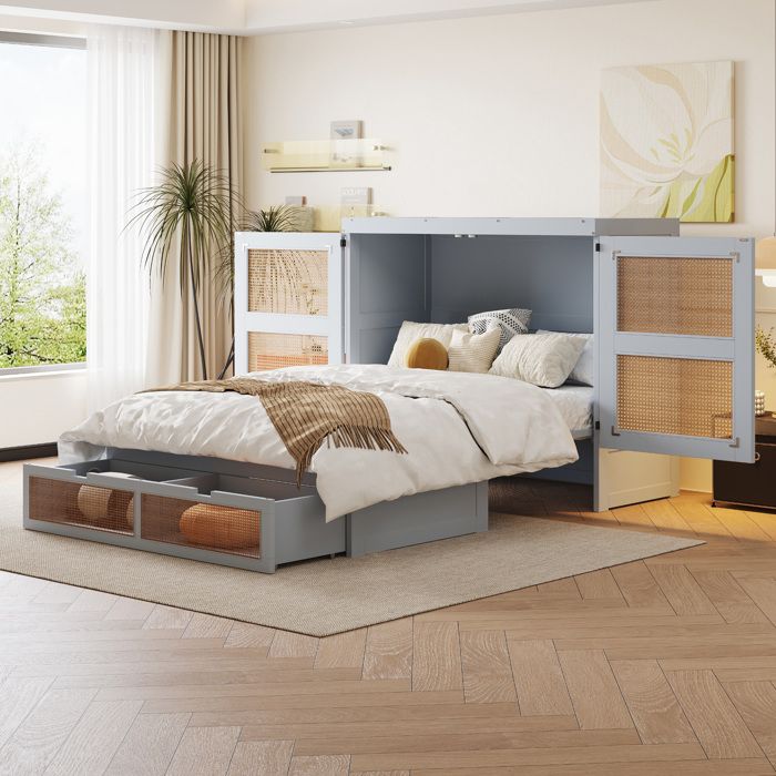 Lit escamotable vertical 140×200 cm 2 tiroirs et décor rotin - MODENVIE - sans matelas bois gris