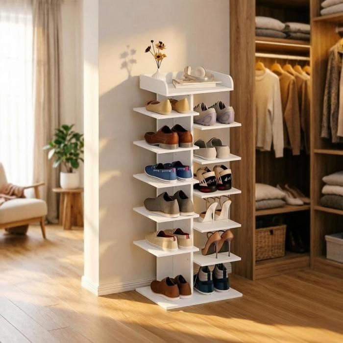 Étagère à chaussures ouverte - Conception verticale - 12 compartiments - Blanc - Panneau de particules