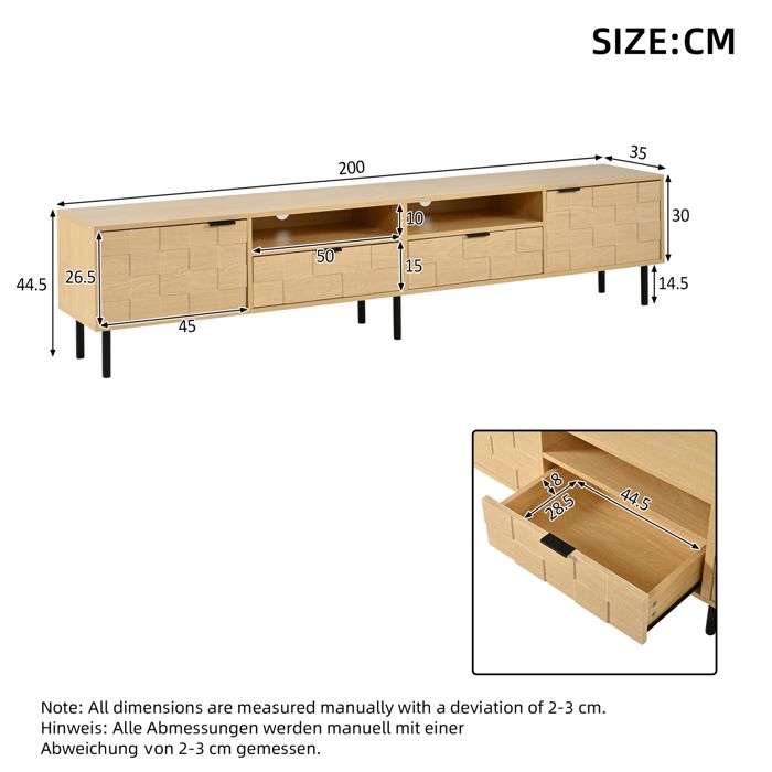 Meuble TV 200 x 35 x 445 cm pour televiseur jusqua 80 pouces 2 portes 2 tiroirs decor 3D bois naturel ORVRYN