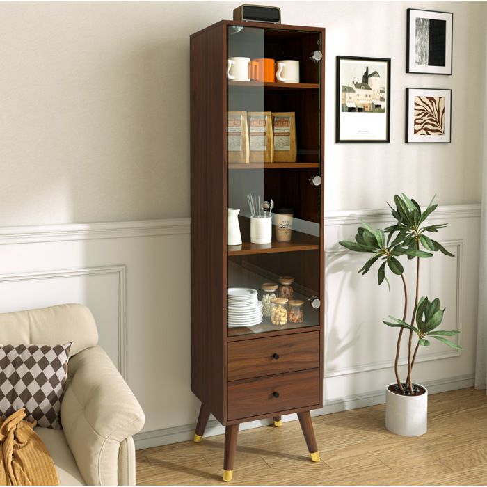 MEUBLIV Vitrine haute avec porte vitrée 3 étagères réglables 2 tiroirs finition noyer MDF