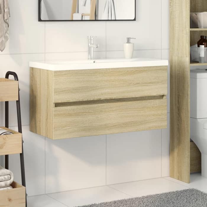 Ensembles de salle de bain montage simplifié 2pcs céramique et bois dingénierie 90x38.5x45 cm D1560
