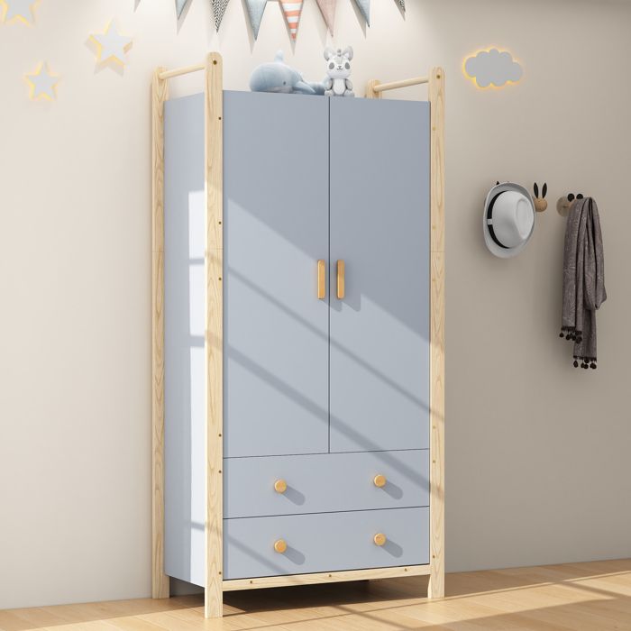 Armoire enfant 89.6x44x180.5 cm - 2 tiroirs et 2 portes - 1 tringle à vêtements - Bleu