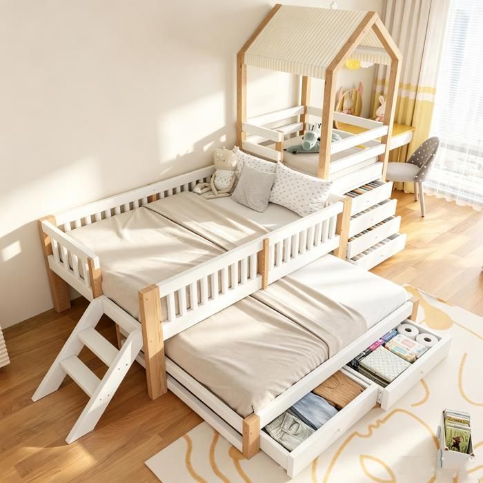 Lit Cabane Enfant 90x200 Bois Massif Blanc & Naturel + Gigogne 90x190 Escalier Latéral 4 Tiroirs Rangement et Toit Tissu Inclus