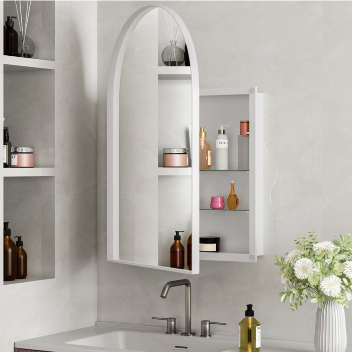 Armoire à pharmacie miroir en arche – Blanc – Cadre métal – Verre trempé – Murale ou encastrée