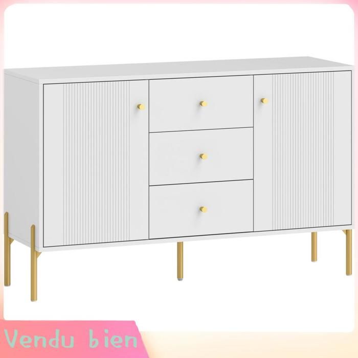 LIA Buffet cuisine meuble de rangement avec 2 portes 3 tiroirs silencieux 2 étagères réglables 5 pieds en acier blanc