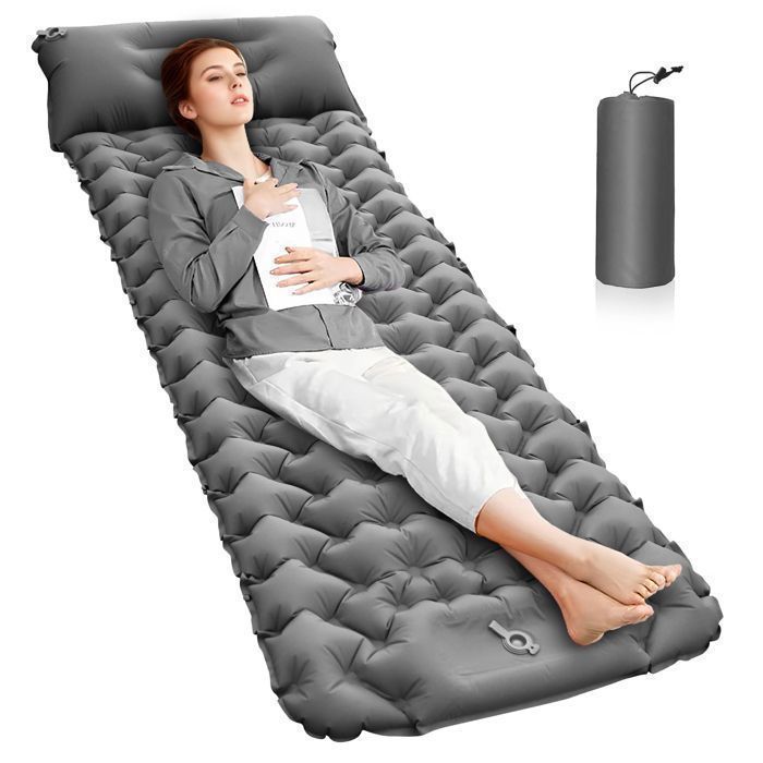 Matelas Gonflable Camping 1 Personne - Pompe à Pied Intégrée Compact & Portable (193x68x8cm) - pour Tente Plage Voyage - Gris