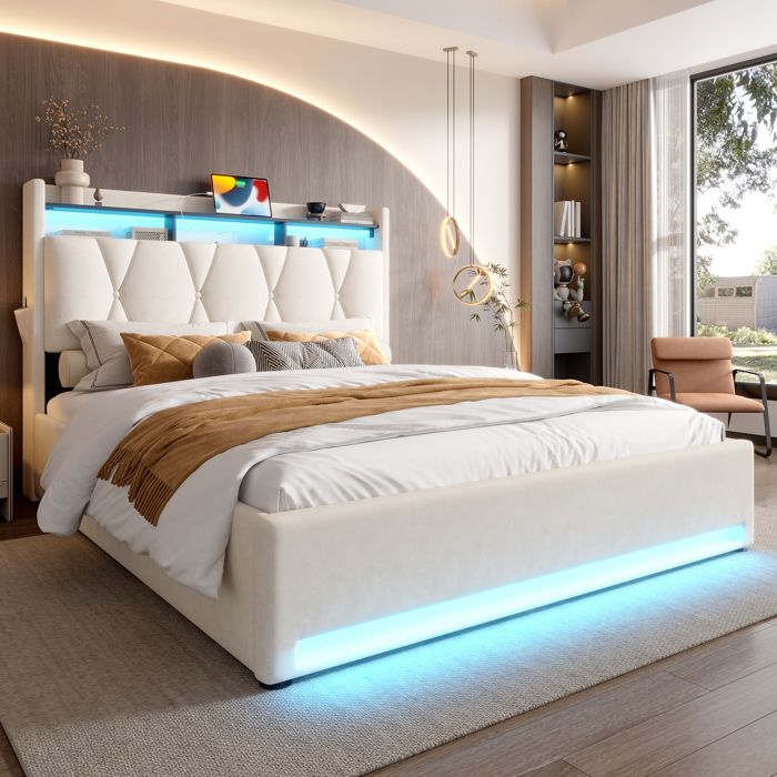 Sommier coffre - ZEVKOR - 160x200 - Velours beige - Rangement coffre et tête - LED + ports USB/Type-C
