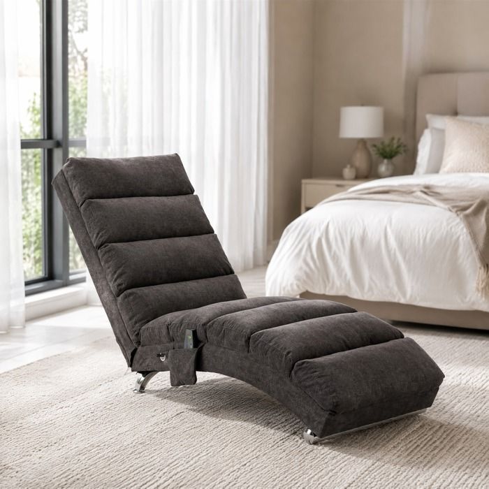 Fauteuil relaxation massant 1 place gris foncé en tissu avec vibration poche latérale montage facile VEVXYN