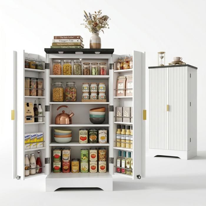 Buffet de cuisine - FURNITURER - FurnitureR - 60 5x40x120 cm - Blanc - LED & étagères réglables