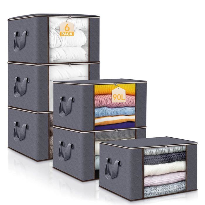 Lot de 6 sacs de rangement pliables 90 L - non-tissé poignée renforcée fenêtre transparente range couettes 60 x 40 x 35 cm