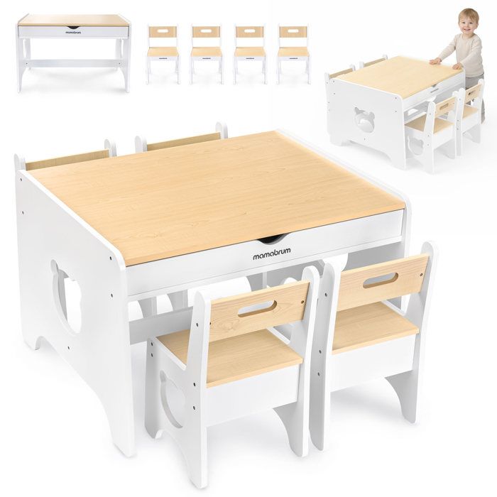 Table enfant avec chaises en bois MDF - Mamabrum - 2 tiroirs intégrés - 4 chaises - Hauteur d’assise 26 cm - Motif ours