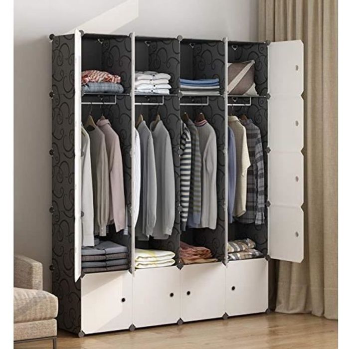 Armoire De Rangement Armoire Rangement Bonnlo - 20 Cubes DIY, Plastique, Avec 3 Tringles, Blanc Et Noir, 142x47x178cm Meuble Assemblage Facile Armoire De Rangement Armoire Rangement Bonnlo - 20 Cubes DIY, Plastique, Avec 3 Tringles, Blanc Et Noir, 142x47x178cm Meuble Assemblage Facile