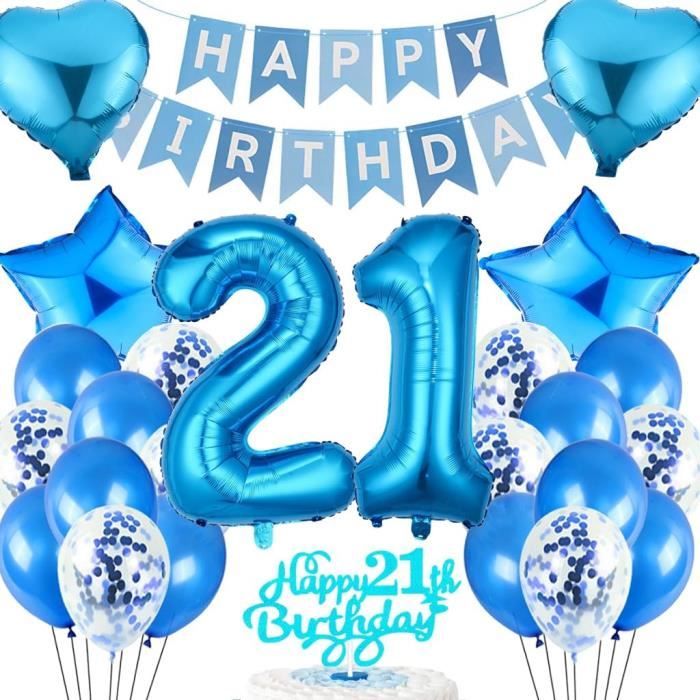 Assiettes Serviettes Nappe Service Vaisselle Jetable Anniversaire 21 Ans - 37 Pièces Bleu Argent - Assiettes, Serviettes, Nappe - 16 Convives Assiettes Papier Bleu Argent