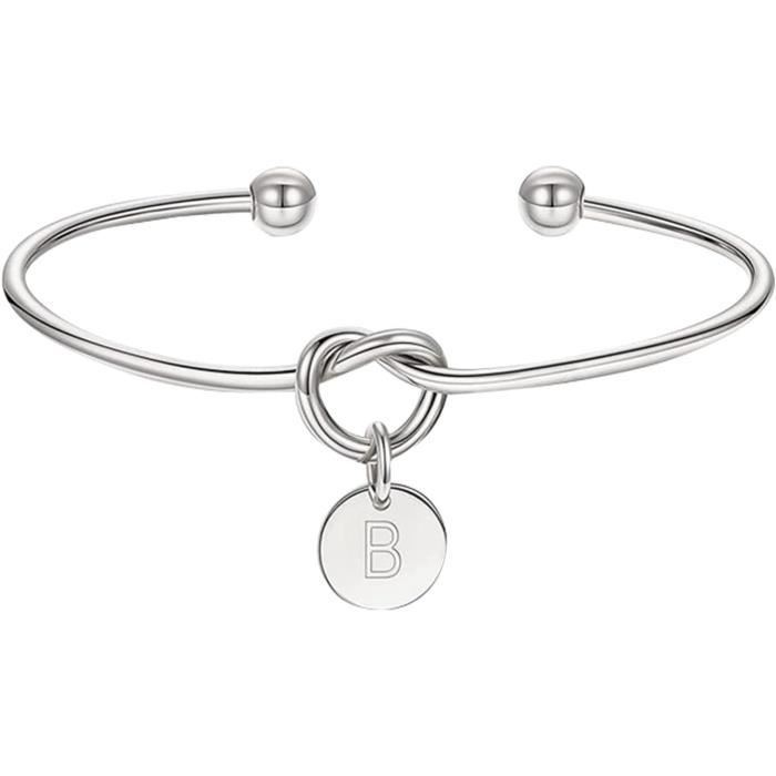Bracelet Initial Argenté Avec Nœud D'amour - Personnalisable 26 Lettres, Réglable 7 Cm - Cadeau Femme/fille