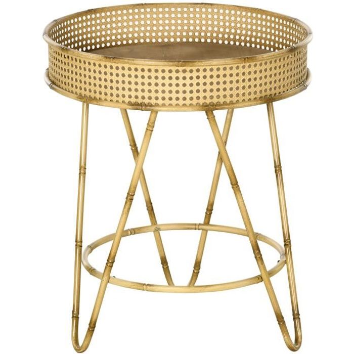 table d'appoint ronde bout de canapé style naturel ø 50 x 59,5h cm métal mdf aspect bambou rotin 50x50x59cm beige