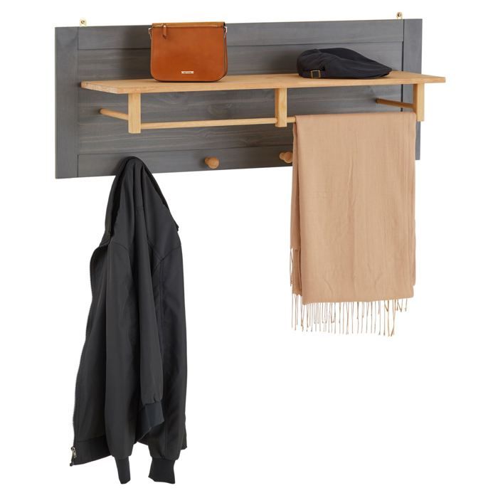 Portemanteau mural avec avec 4 crochets 1 tringle et 1 étagère murale de rangement BOLTON patère en pin massif anthracite et brun Portemanteau mural avec avec 4 crochets 1 tringle et 1 étagère murale de rangement BOLTON patère en pin massif anthracite et brun