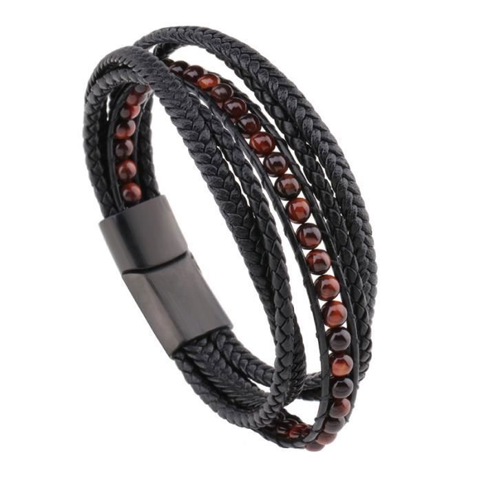 Bracelet homme à la mode en perles de pierre naturelle en similicuir tressé - 20 5cm