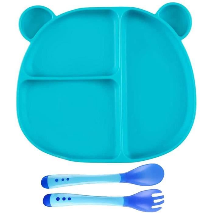 Coffret Repas Bébé 4 Pièces Silicone – Assiette Ventouse + Bol + Cuillère + Fourchette – Sans BPA, Micro-ondes & Lave-Vaisselle OK