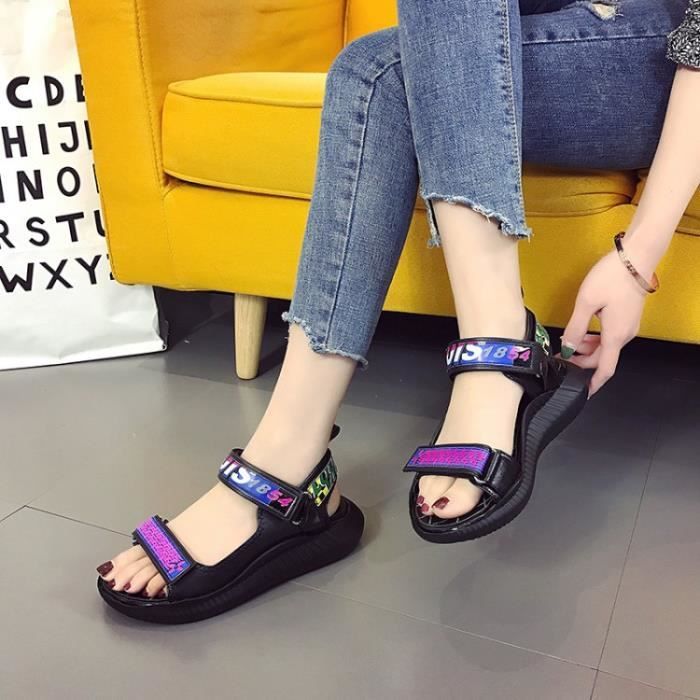 Sandales Stickers magiques Chaussures Femme Noir Noir - Cdiscount