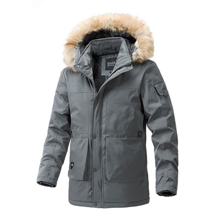 Parka Homme Mi-Longues A Capuche Fausse Fourrure Amovible Double Polaire -  Gris